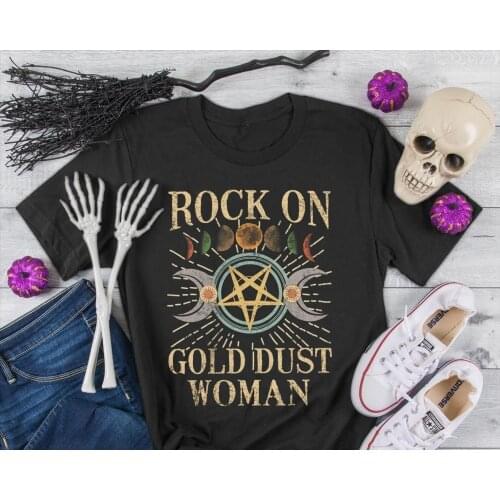 HAHAYULE-JBH Rock on Gold Dust Woman Letter Printed T Shirt Stevie Nicks Style Fashion Street Outfit