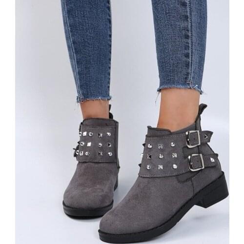 Winter Women Biker Ankle Boots PU Leather Metal Decoration High Heel Rubber Round Toe Black Platform Ladies Shoes Botas Mujer