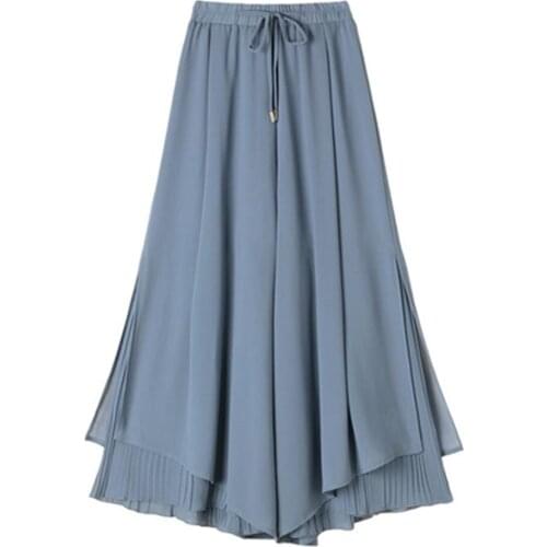 Womens Chiffon Wide Leg Pants Solid Color Female High Waist Summer Loose Skirts Pants Ruffles Casual Ladies Culottes Trousers