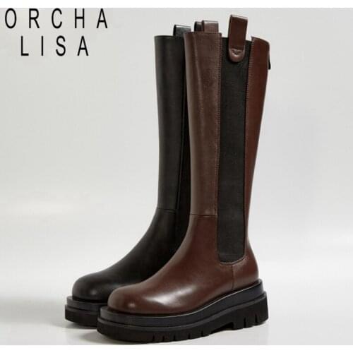 ORCHALISA Size 33-43 Slip On Genuine Leather Boots Women Thick High Sole Chelsea British Style Winter Platform Knee High Bootie