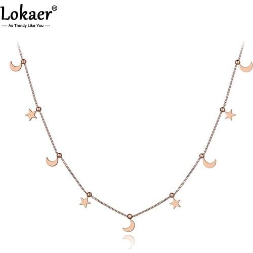 Lokaer Trendy Bohemia Titanium Stainless Steel Moon & Star Choker Necklaces For Women Girls Chic Charm Pendant Necklace N19214