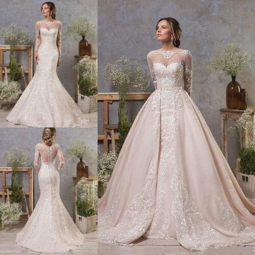 2020 Gorgeous Mermaid Wedding Dresses With Detachable Train Jewel Neck Lace Appliqued Long Sleeve Bridal Gowns Custom Beach