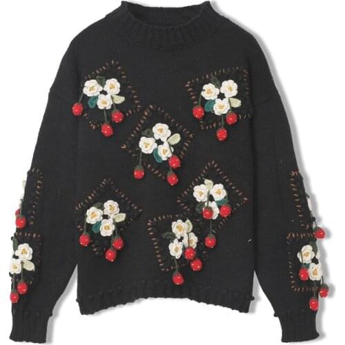2020 Winter Sweater Long Sleeve Black Solid Flowers Fashion Womens Clothes Pullover