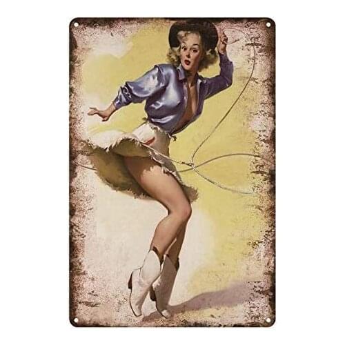 AIDANDAN Pin Up Girl Sexy Women Cowgirl Man Cave Old Design Tin Signs Vintage Metal Tin Signs for Wall Art Decor