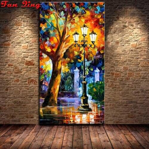 DIY 5D Full Diamond Embroidery Abstract city street lamp big tree landscape square Diamond Painting Mosaic Cross Stitch Kits
