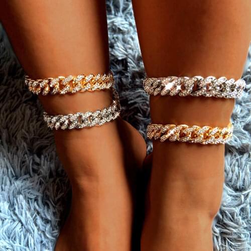 Hip Hop Iced Out Cuban Link Chain Anklet Bracelet For Women Gold Silver Color Rhinestone Anklets Jewelry Beach Barefoot Chain