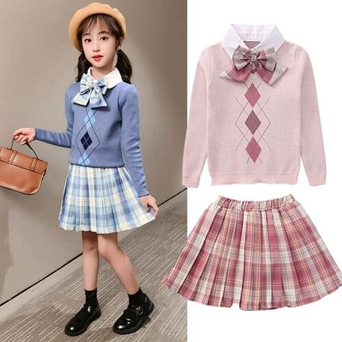 Girls' spring dress suit knitted dress JK style new dress bow plaid dress knitted skirt girls' dress 4-12 years old