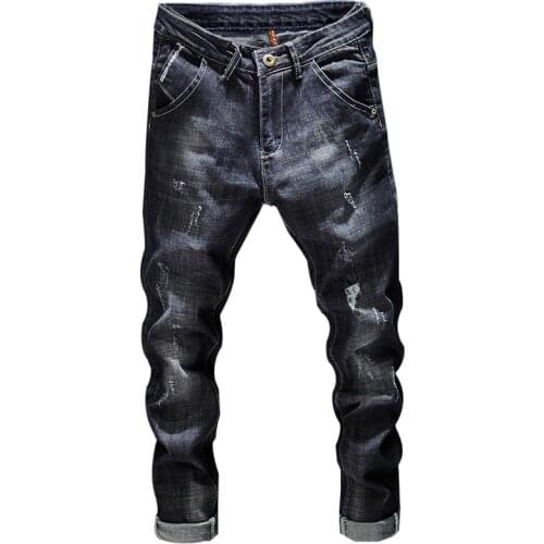 Denim Pants Casual Retro Biker Jeans Man Trousers Hiphop Ripped Jeans Men Dark Blue Stretch Slim Fit Distressed Streetwear