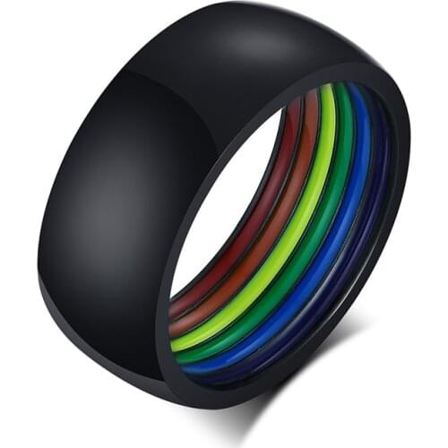 Enamel Rainbow LGBT Pride Ring for Lesbian Gay Wedding Engagement Band Women Men Stainless Steel 8mm Stripes Dome Ring