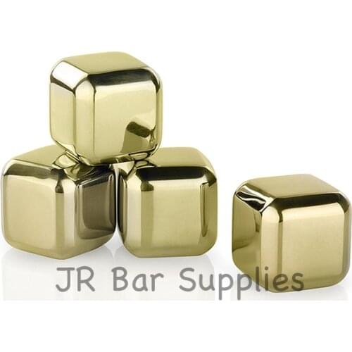 Whiskey Stones Rocks Gold Cube Shape Stainless Steel Ice Cube Tongs & Storage Box Chilling Stone Chiller Reusable Pack of 4