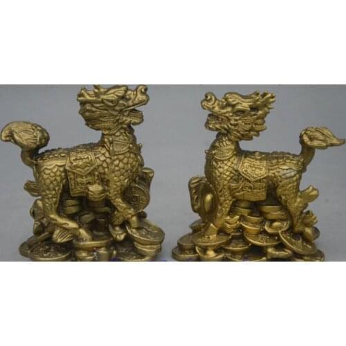 Chinese Bronze Fengshui Wealth Yuanbao Dragon Kylin Chi-lin Qilin Statue Pair