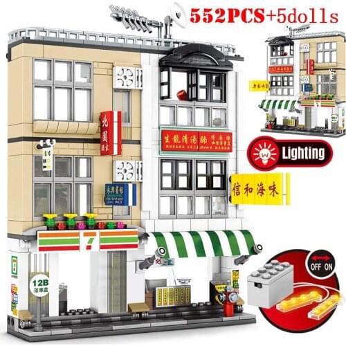 City Street View Hong Kong Shop Store Building Blocks DIY LED House Architecture Model Bricks Toys For Children Kids Gifts