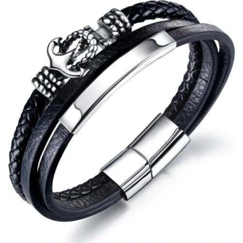 Fashionable High Quality Metal Anchor Multilayer Leather Bracelet Genuine Leather Woven Mens Punk Jewelry Gift