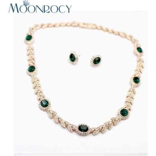 MOONROCY Rose Gold Color Cubic Zirconia Green Austrian Crystal Bride Necklace Earring Wedding Jewelry Set for Women Gift