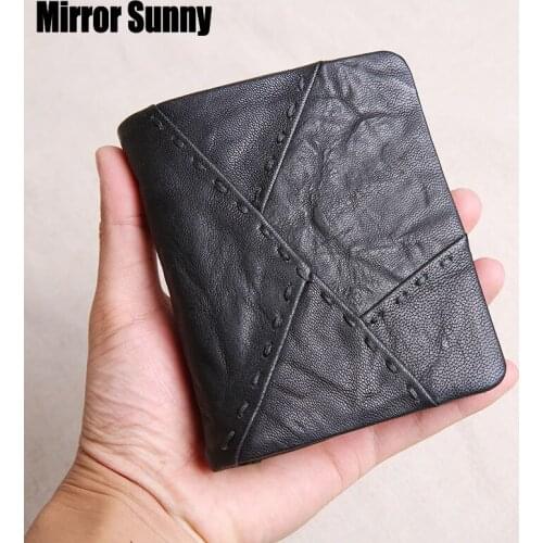 Handmade Wallet Mens Short Genuine Leather Trendy Sheepskin Wallet Youth Soft Leather Vertical Purse Personality Patched Wallet