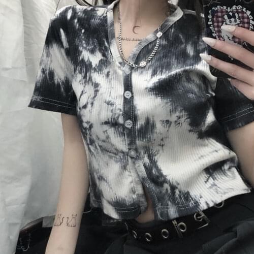 2021 new summer dark Harajuku style student short tie-dye top Slim all-match short-sleeved t-shirt female trend y2k top punk