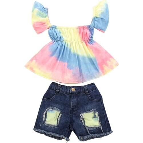 Girl’s Short-sleeved and Shorts Set Fashion Tie-dye T-shirt and Patchwork Denim Short Pants 2-7T 2021 New Fashion