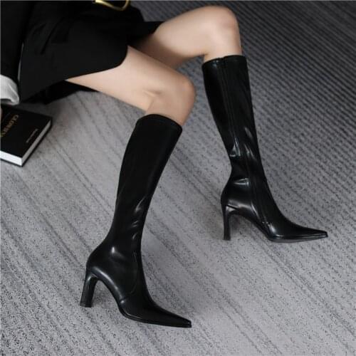 2021 Autumn Winter Genune Leather Womens Boots Zipper Pointed Toe Thick Heels Pumps Female Party Basic Shoes Woman Heels