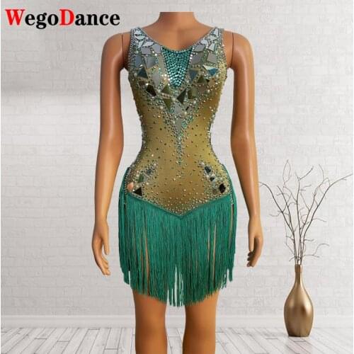Green Fringes Rhinestones Mirrors Dress Women Birthday Celebrate Stretch Spandex Tassels Dance Bodysuit Singer Latin Dresses