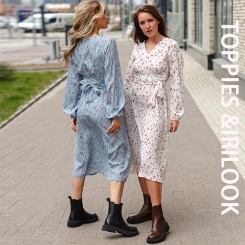 Toppies 2021 Dress Sexy V Neck Floral Printed Elastic High Waist Long Sleeve A Line Fashion Womens Dress