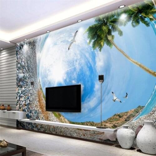 Beibehang Custom 3d wallpaper naked eye 3D blue sky white clouds beach sea fresco background decoration