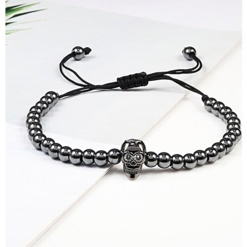 Hot Classical Men Handmade Braided Bracelet 5mm Copper Beads Pave CZ Punk Skull Adjustable Luxury Women Bracelets Charms Jewelry