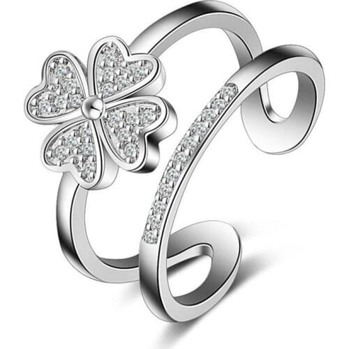 925 Sterling Silver Double Layer Heart Cute Lucky 4 Leaf Clover Opening Rings For Women Jewelry Dropshipping S-R193