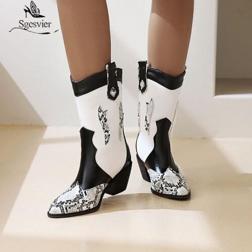Sgesvier Womens Boots Retro Mid Calf Boots Snake Mix Colors Booties Women High Heel Cowboy Boots Fashion Casual Shoes