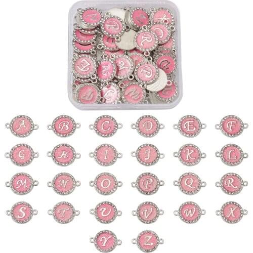 52pcs/box Alloy Enamel Links Connectors with Crystal Rhinestones Flat Round with Letter, Red, 22x16x2mm, Hole: 1.8mm