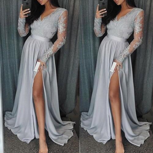 SuperKimJo Silver Lace Applique Prom Dresses 2021 Deep V Neck Chiffon Cheap Elegant Prom Gown Vestido De Festa
