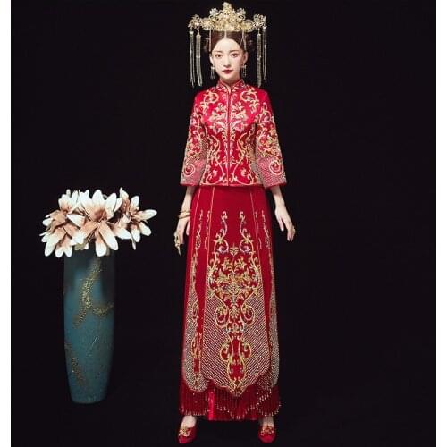 Traditional Chinese Style Golden Embroidery Classic Oriental Wedding Dress Clothes Cheongsam China Qipao китайская одежда