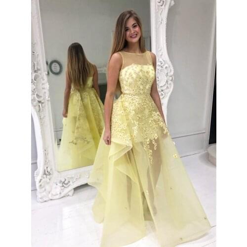 Unique Design Yellow Formal Evening Dress Sheer Neckline Floor Length Prom Dresses