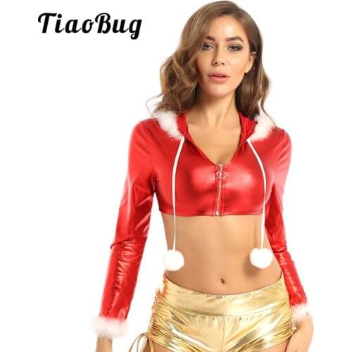 TiaoBug Women Shiny Metallic Long Sleeves Zipper Hooded Crop Tops Miss Christmas Clothes Santa Costume Fancy Party Rave Dress Up