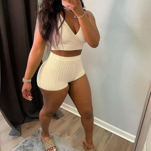 Women Rib Knit 2 Piece Set Sport Suit Summer Outfit 2021 Fashion Sexy Sleeveless V Neck Vest Crop Top+Skinny Shorts Streetwear