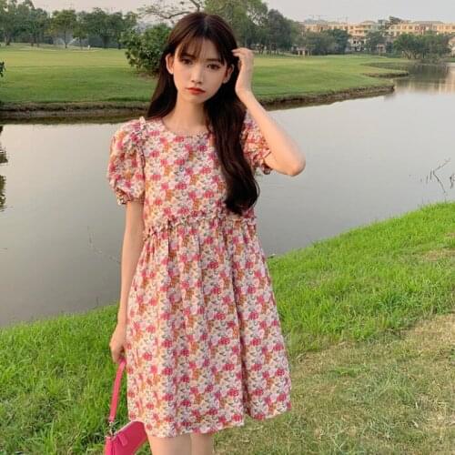 Womens Retro Floral Bubble Short-sleeved Dress Womens Summer New Korean Style Wild High-waist Slim Dress
