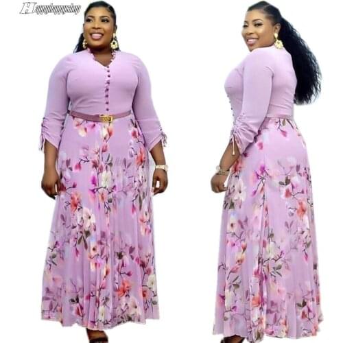 Plus Size Women Chiffon Floral Long Dress African Long Sleeve Evening Gown Muslim Islamic Maxi Abaya Kaftan With Belt Vestidos