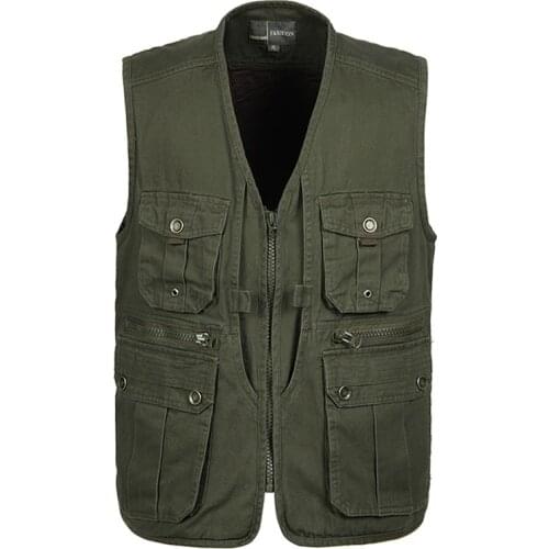 Newest Solid Large Size Cotton Fabric Multi Pockets Vest Men Tactical Photography Waistcoat Loose Inner Pocket Sleeveless Jacket