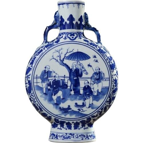 Jingdezhen Antique Blue And White Vase With Chinese Ancient Figures Pattern Double Ears Vase Ancient Ming and Qing Porcelain
