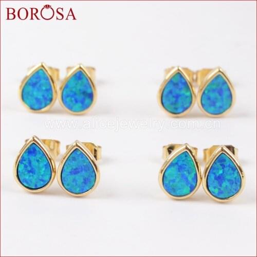 BOROSA Stylish Gold Color Bezel Teardrop Blue Opal Stud Earrings Japanese Opal Earrings Drusy Gems for Women G0230
