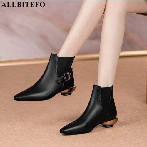 ALLBITEFO Size:34-42 Gold Heels Genuine Leather Buckle Thick Heels Women Boots Winter Snow Women Boots Ankle Boots For Women