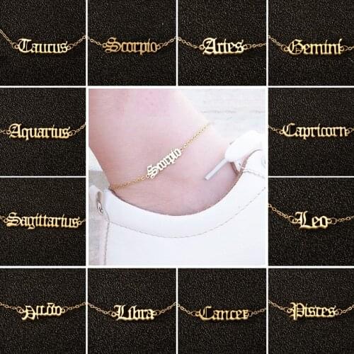 Old English Letter Zodiac Charm Anklet Bracelets Vintage 12 Constellation Ankle Bracelet for Women Girls Birthday Best Gift