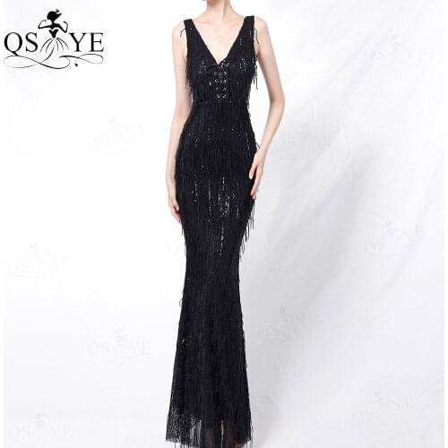 Black Feather Evening Dresses Sleeveless Sequin Mermaid Long Party Gown Elastic Formal Dress Lacing Crisscross Celebrity Gown