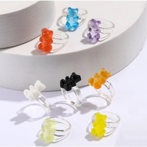 Lost Lady Summer Cute Transparent Bear Rings for Women Trendy Colorful Resin Finger Rings Wholesale Jewelry Girls Party Gifts