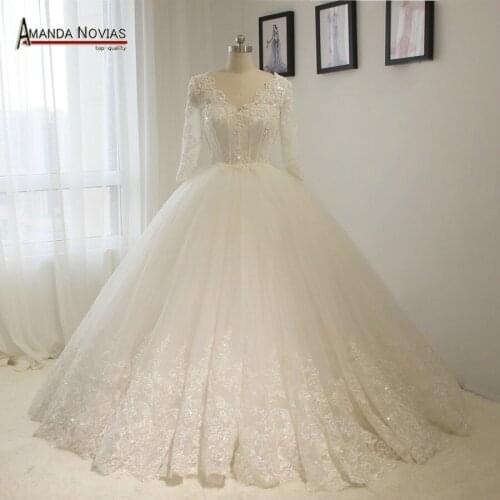Three Quarter Sleeve Lace Ball Gown V Neck Wedding Dress Vestido De Noivas 2016 Elegant Bridal Gown