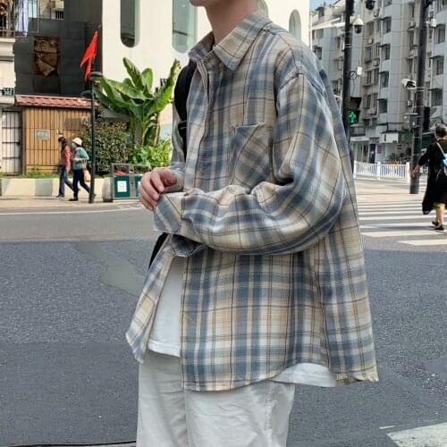 Youth Hong Kong style literary plaid shirt male long-sleeved spring casual Korean retro chic handsome shirt jacket