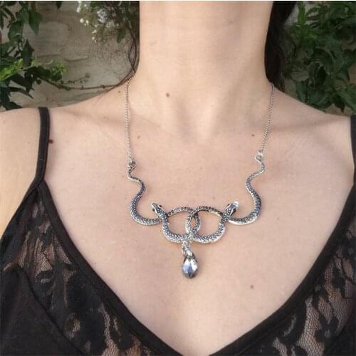 Double Snake Necklace Silver Color, Gothic Necklace, Snake Jewelry Crystal Necklace, Entwined Snakes Necklace