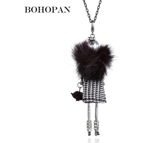 Fashion Jewelry Necklace Women Black Fur Lattice Dress Doll Pendants Necklaces Flower Handbag Girl collares grandes de moda 2018