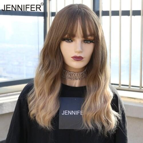 JENNIFER Long Blonde Wavy Synthetic Wigs for Women with Bangs High Density Natural Cosplay Hair Brown Ombre Heat Resistant