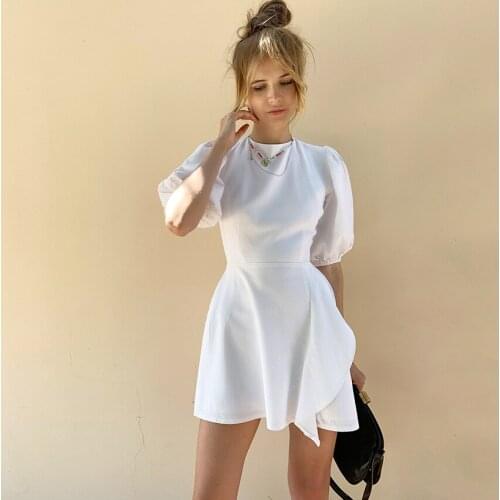 Lantern Sleeves Cotton and Linen Ruffled Dress Women Sexy Backless Lace-up Dress Design Sense Mini Dress