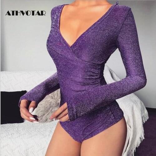 Sexy V-Neck Bling Club Bodysuits Women Long Sleeve Party Solid Bodycon Bodysuits Elastic Silver Tops Playsuit